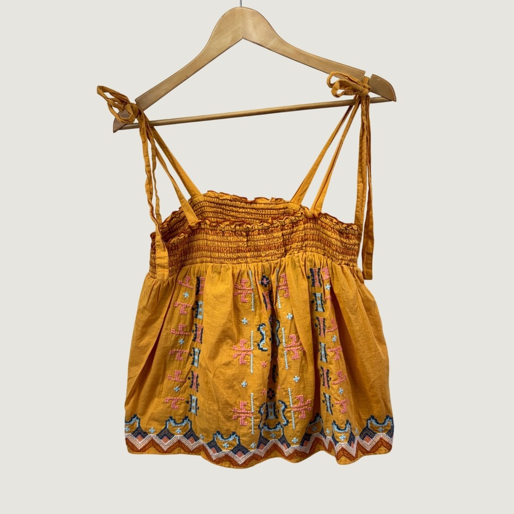 Anthropologie Embroidered Smocked Camisole S Orange Boho Folk Tie Strap Tank Top